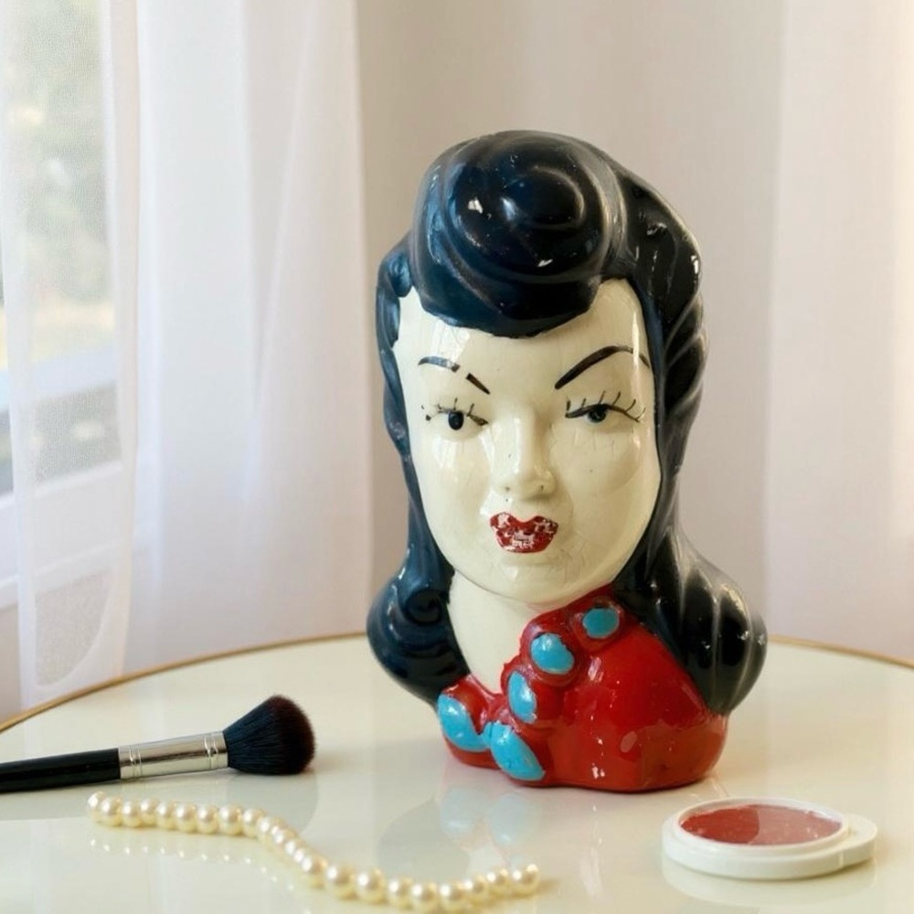 1940s Lady head vase Glamour girl Ceramic Bust Planter WWII -paint over glaze